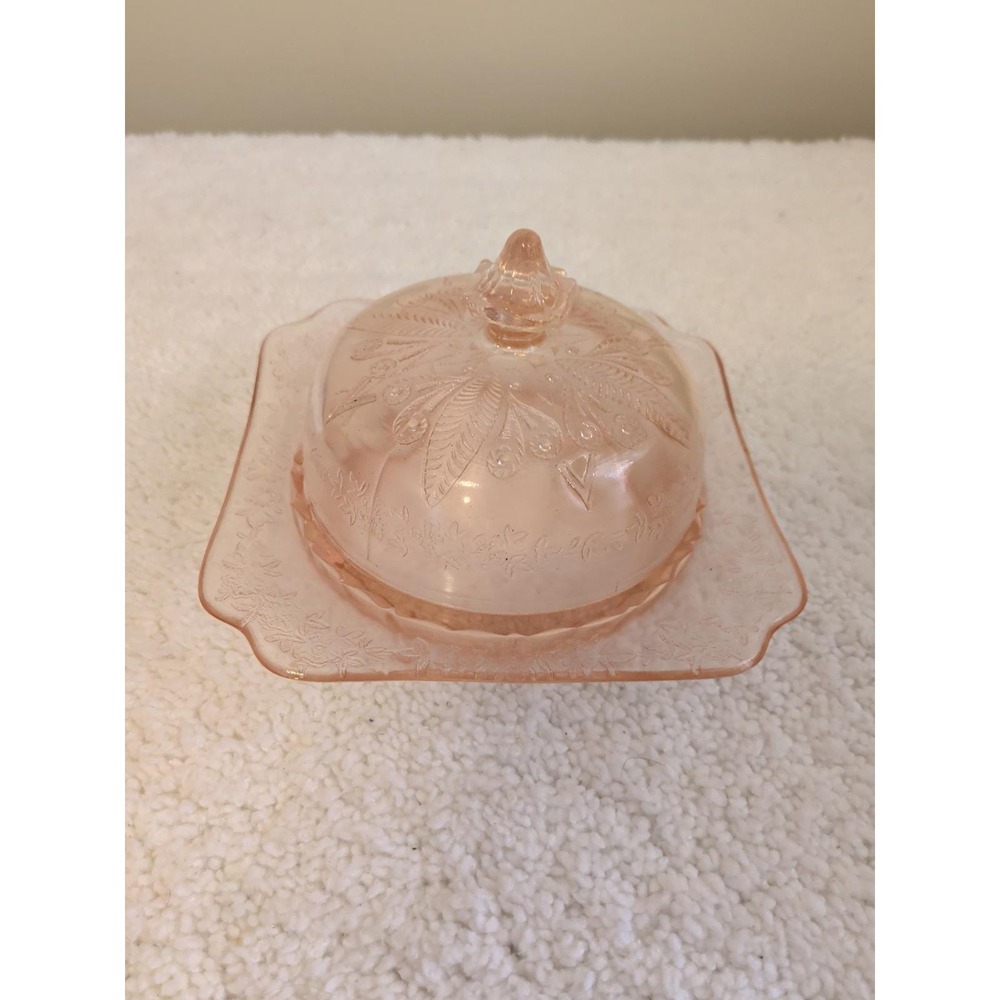 Vintage Jeannette Pink Depression Glass Cherry Blossom Butter Dish with Lid